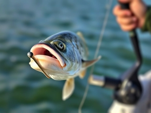 Close-up of a fishing rod tip showing a subtle bite from a flounder, with a calm sea in the background and an angler's hand on the reel.