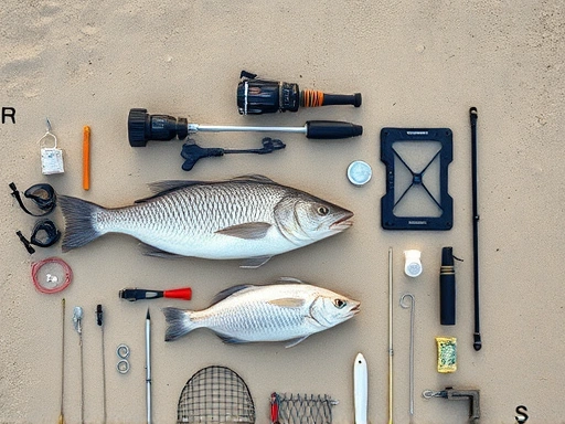 A detailed top-down view of a complete flounder bottom fishing rig setup on a sandy beach, with various components neatly laid out.