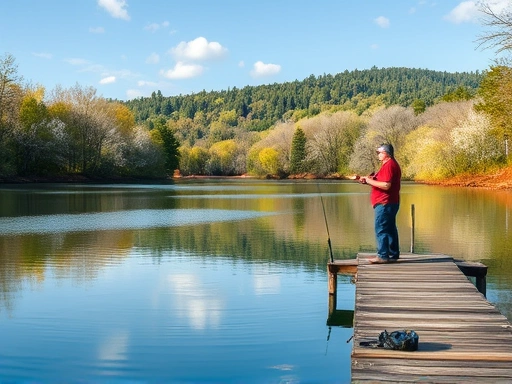 A scenic view of a calm lake surrounded by lush trees in spring, with a fisherman casting a line from a wooden dock.