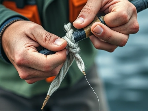 A close-up shot of a fisherman's hands tying a fishing knot with precision, showcasing the gear and tackle used for fishing.