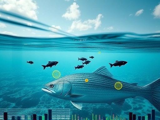 A futuristic fishing scene with advanced sonar technology displaying fish locations in real-time, clear water.