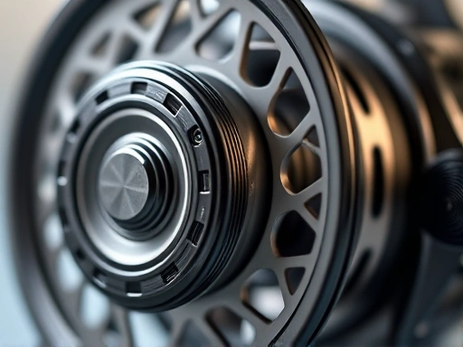 Close-up of a 3D-printed fishing reel with intricate designs and high-tech materials, showcasing innovation.