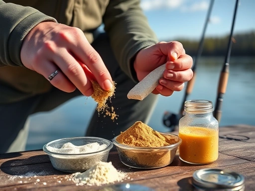 An angler expertly mixing groundbait ingredients by hand on a lakeside, showing various powders and liquids, with fishing rods in the background under a clear sky, emphasizing the preparation of effective fishing bait.