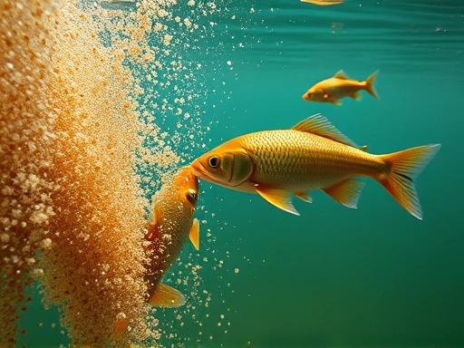 Close-up of groundbait dissolving and spreading in clear underwater, showing fish swimming towards the cloud of particles, illustrating the visual and olfactory attraction principles of groundbait.