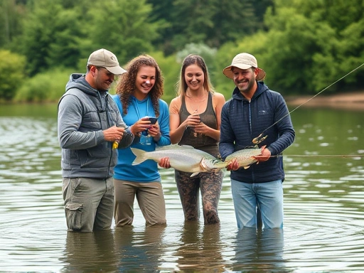 A harmonious group of friends fishing together in a serene natural environment, demonstrating good etiquette and mutual respect, with calm water and lush greenery in the background.