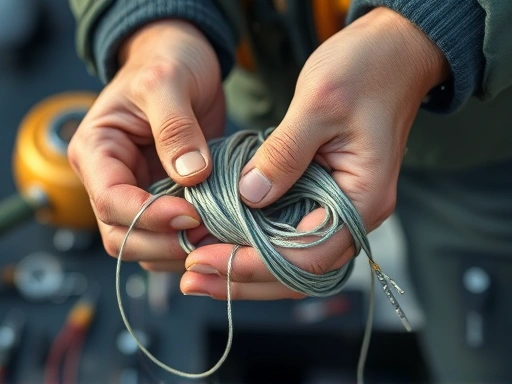 Close-up on a pair of hands carefully handling fishing gear and neatly organizing fishing lines, with other fishing equipment visible in the background, emphasizing responsible gear management.