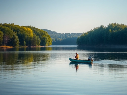A serene lake scene with a lone angler fishing from a boat, surrounded by still water and lush green trees, emphasizing tranquility and depth.