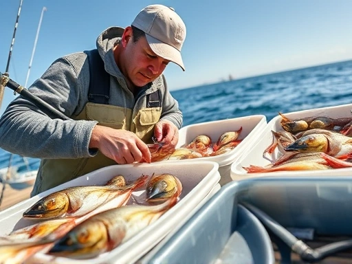 A fisherman meticulously inspecting various live baits in specialized containers, emphasizing freshness and proper storage techniques under clear sky.