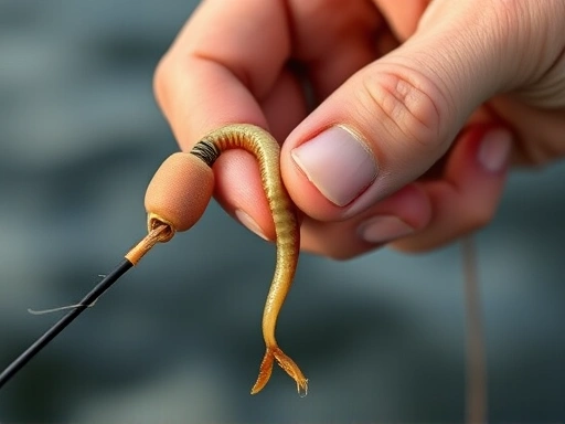 A close-up of a fisherman's hand expertly rigging a lively worm onto a fishing hook, demonstrating proper bait utilization for optimal catch.