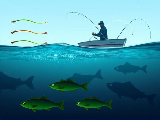 An angler on a boat demonstrating various lure actions, with fish silhouettes beneath the water reacting to different lure movements, illustrating the core principles of lure action and fish attraction.