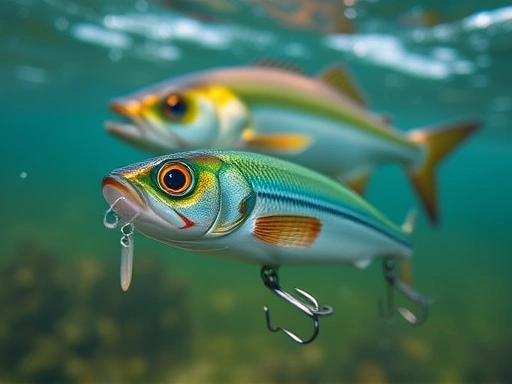 Close-up of a fishing lure underwater, showing the specific wobbling and rolling action as it moves, with a fish in the background observing the lure's movement, emphasizing the lure's visual and vibrational appeal.