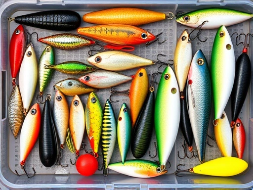 A detailed flat lay of various fishing lures and sharp hooks neatly organized in a tackle box, demonstrating effective storage and maintenance. The scene emphasizes cleanliness and readiness for fishing.