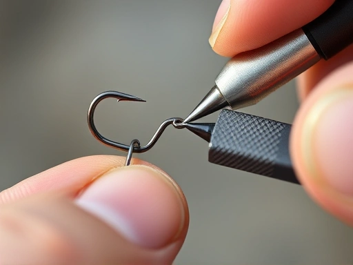 A close-up shot of a hand using a small hook sharpener to sharpen a fishing hook, with a clear focus on the hook's tip and the textured file of the sharpener, illustrating proper hook maintenance.