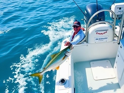 A dynamic scene of a fishing boat on clear blue water with a person actively reeling in a vibrant mackerel, showcasing successful angling and the excitement of the catch.