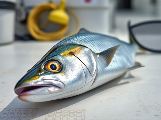 A close-up shot of a freshly caught, shimmering mackerel lying on a boat deck, with fishing gear visible in the background, emphasizing detail and texture.