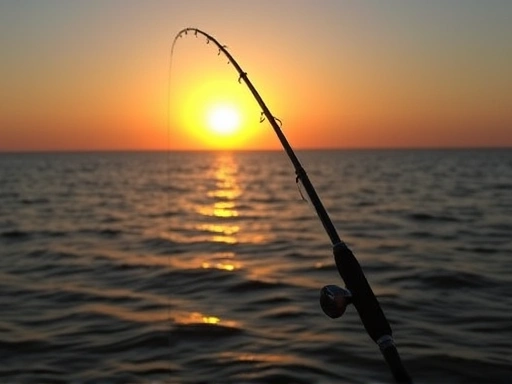 A serene coastal scene with a fishing rod silhouetted against a setting sun, highlighting a perfect mullet fishing spot with calm waters and gentle currents.