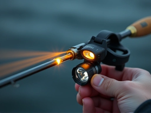 Close-up of a fishing rod with a glowing chemical light on the tip, showing the detail of the line and a hand holding a modern headlamp, focusing on essential gear.
