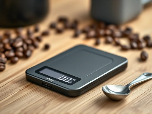 A close-up shot of a sleek, modern portable scale on a minimalist wooden table, with precise digital display showing 