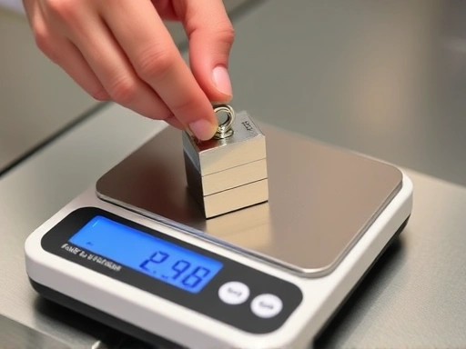 A hand delicately placing a small, shiny calibration weight onto a portable scale, with a focus on the scale's precise digital readout and the clean, well-maintained surface, highlighting the accuracy management process.