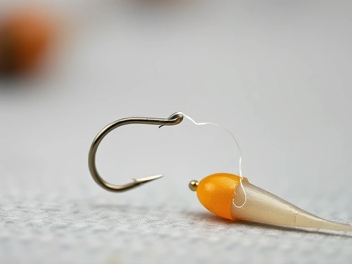 A close-up shot detailing basic pyrami fishing tackle: a small, sharp hook, a delicate float, thin fishing line, and some fresh bait, emphasizing simplicity and effectiveness.