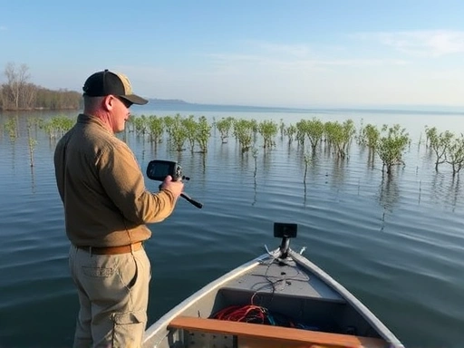 An angler standing on a boat, observing the water level of a vast reservoir with a fish finder, surrounded by submerged trees.
