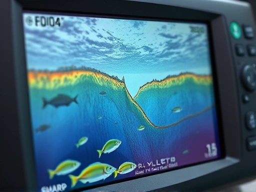 Close-up of a fish finder screen displaying detailed underwater topography, showing a sharp break line and fish schools.