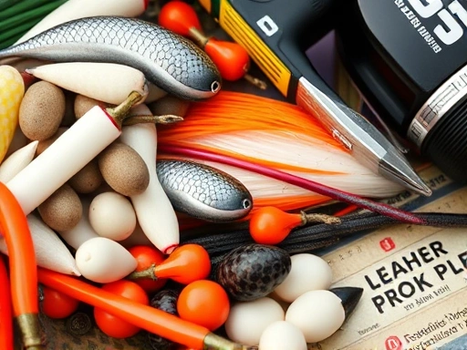 Close-up of various rockfish fishing tackle: soft plastics, jig heads, different fishing lines, and a fishing reel, neatly laid out.