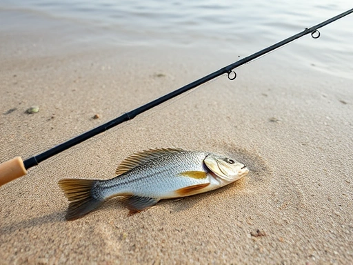 A serene beach scene with a fishing rod set up for flounder fishing, focusing on the sandy seabed.