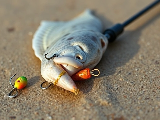 Close-up shot of a fishing rig designed for flounder on a sandy bottom, showcasing bait and hook details.