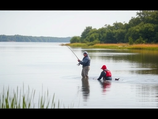 A lone angler fishing safely in a serene natural environment, surrounded by calm waters and lush greenery, with safety equipment visible.