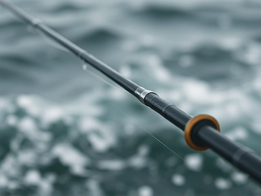 Close-up of fishing line cutting through strong wind, showing tension on a rod tip, with blurry background of rough water. Emphasize line stability in windy conditions.