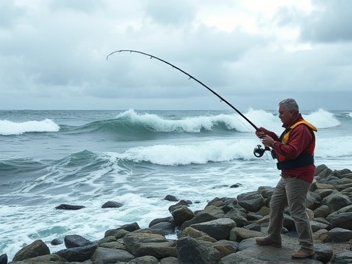 An angler casting a fishing rod from a rocky shore during a strong, windy day, with high waves and a cloudy sky. The angler wears a life vest and focuses on casting.