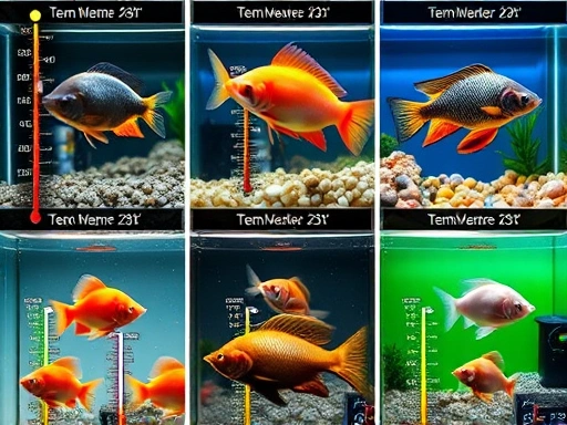 A detailed view of various fish species in distinct tanks, each with a thermometer showing different optimal temperatures, illustrating specific water temperature and fish behavior.