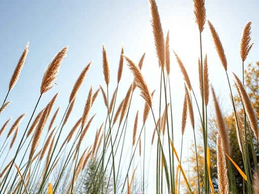 Close-up of tall, swaying eulalia stalks under a clear autumn sky, with soft sunlight filtering through, evoking tranquility and natural beauty.