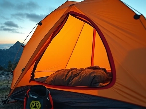 A close-up shot of a person setting up a lightweight backpacking tent at a mountain campsite, with a sleeping bag partially visible inside, emphasizing the overnight aspect of hiking and including SEO keywords like 