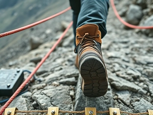 Close-up of a hiker's boots on a rugged mountain trail with ropes, indicating a difficult section of the Baekdudaegan, highlighting the challenging terrain and the need for proper gear.