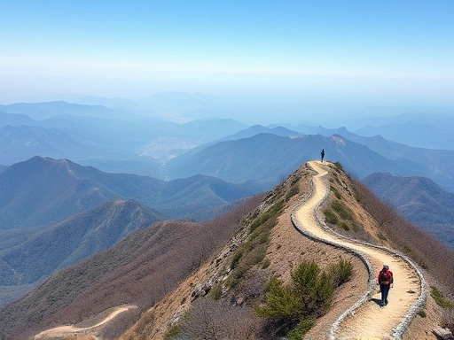 Panoramic view of the Baekdudaegan mountain range from a high peak, showing a winding trail and a small figure of a hiker in the distance, illustrating the vastness and challenge of the Baekdudaegan trail.