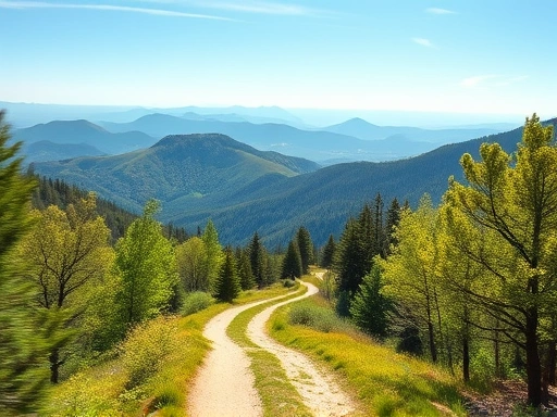 A vibrant and inviting hiking trail in a gentle, rolling mountain, bathed in soft morning light, with a clear, wide path suitable for beginners, surrounded by lush green trees and distant blue sky, conveying ease and beauty.