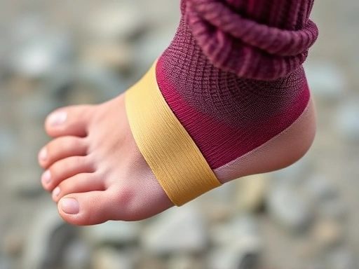 A close-up shot of a person's foot with a properly applied sports tape on a common blister area, with a comfortable hiking sock being pulled over it, emphasizing foot care and prevention.