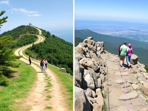 A side-by-side comparison image of Bukhansan Dulle-gil trail (lush, flat path with people strolling) on one side and Bukhansan Summit course (rocky, steep path with hikers using ropes, panoramic city view) on the other.