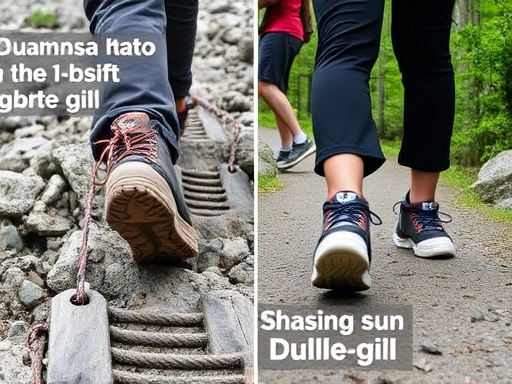 Close-up of a hiker's well-worn boots on a rocky Bukhansan summit trail with ropes, showing the challenging terrain, contrasted with comfortable walking shoes on a smooth, shaded Dulle-gil path.
