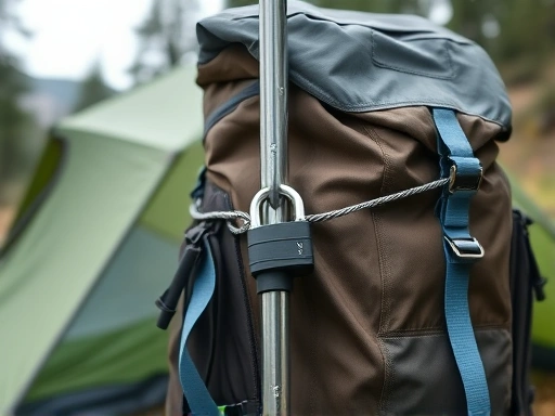 A detailed shot of a hiking backpack secured with a modern cable lock around a tent pole in a campsite, emphasizing outdoor gear security.