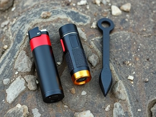 Close-up shot of various ignition tools for mountaineering: a plasma lighter, an oil lighter, and a fire steel, arranged on a weathered rock surface, highlighting their individual textures and designs.