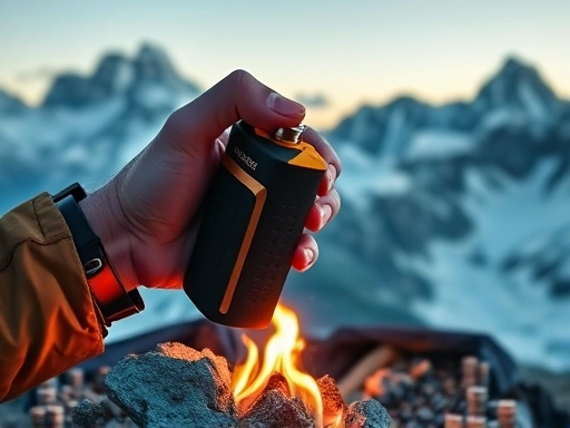 A detailed illustration of a compact, rugged mountaineering lighter being used to light a small fire at a high altitude mountain camp, with thin air and snowy peaks in the background. Emphasize its functionality in extreme conditions.