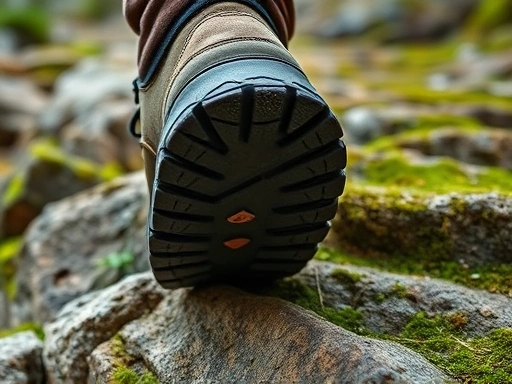A close-up shot focusing on the textured sole of a hiking boot firmly gripping a rough, moss-covered rock surface, emphasizing stability and friction on a steep, challenging path.