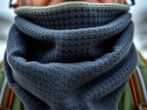 Close-up of a hiker's neck with a merino wool neck warmer and a fleece scarf, highlighting material textures and how they cover the neck and lower face in cold, windy mountain conditions.