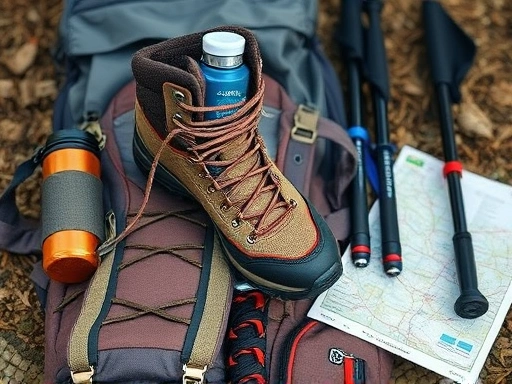 A close-up shot of essential hiking gear neatly laid out: durable hiking boots, a compact backpack, a water bottle, trekking poles, and a map, ready for an event. Focus on texture and readiness.