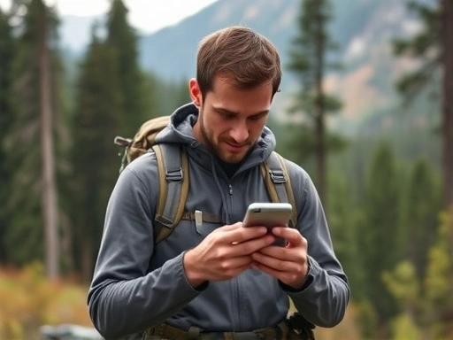 A distressed hiker, mid-adult, in a mountainous forest setting, looking at their phone and struggling to get signal, emphasizing urgency and communication challenges during a hiking emergency for mountain rescue. 
