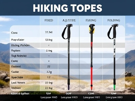 A detailed comparison of various hiking pole types (fixed, adjustable, folding) with their pros and cons, set against a mountain trail background, highlighting features like grip and locking mechanisms.