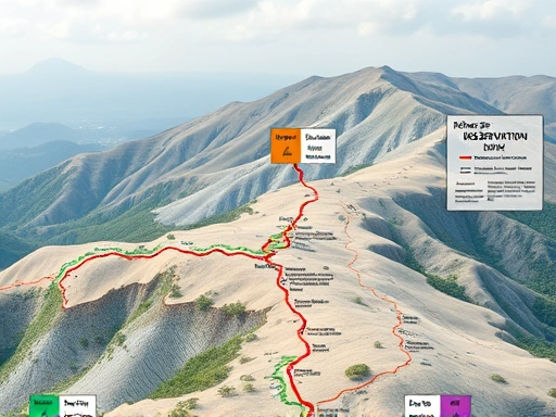 A detailed topographical map showing hiking trails near the DMZ in South Korea, highlighting observation points and historical sites, with a serene and peaceful atmosphere.